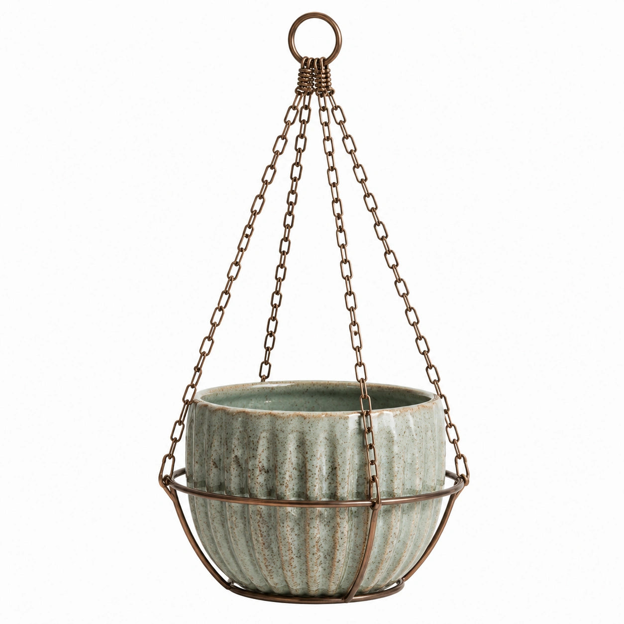 Hängeblumentopf 20 cm Keramik Grün mit Metallkette für Balkon und Innenbereich