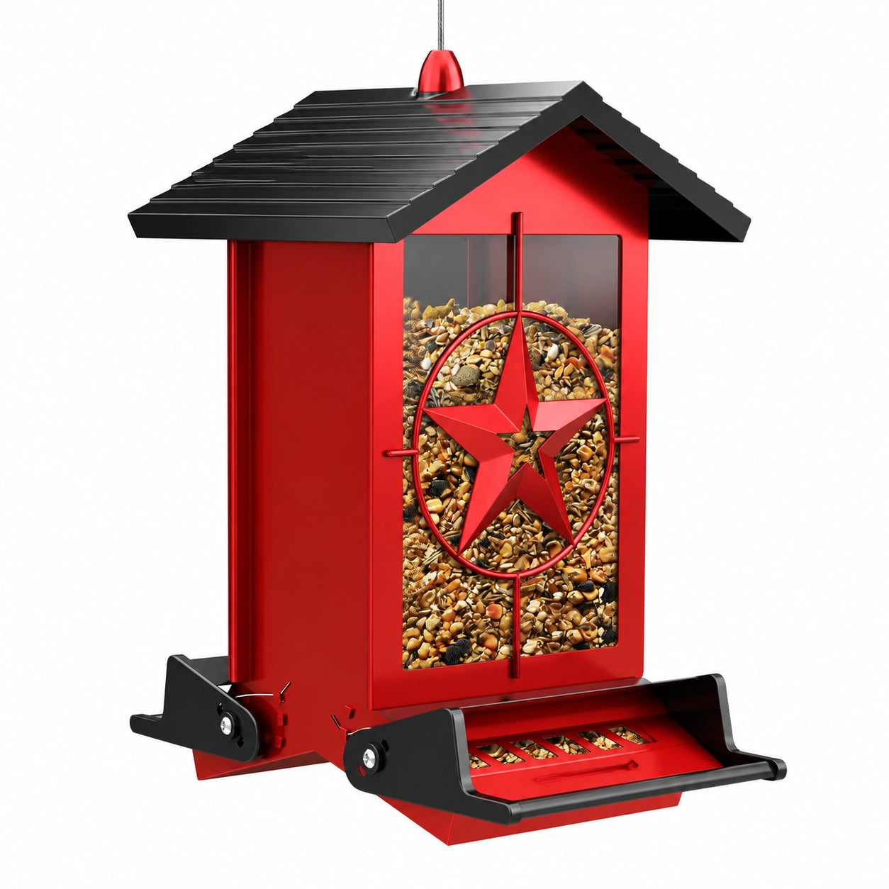 Vogelfutterhaus 25 x 20 x 35 cm aus Metall Rot Schwarz zum Aufhängen mit Futterspender