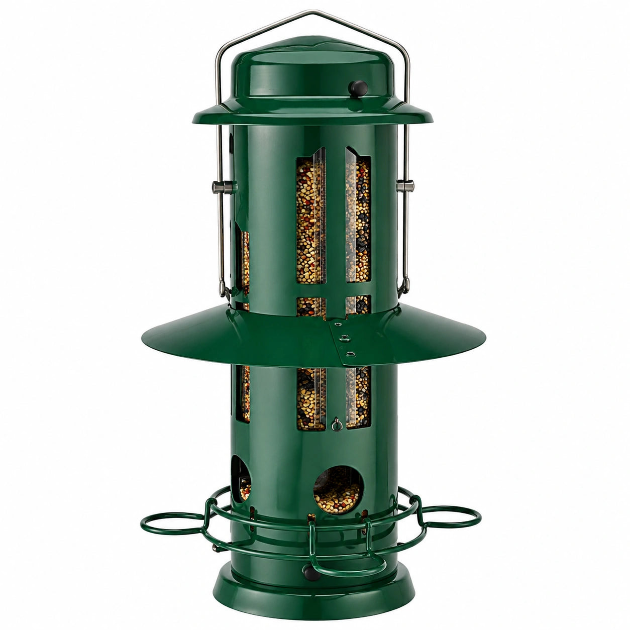 Vogelfutterspender 25 cm x 45 cm aus Metall Grün mit Sitzring für den Außenbereich