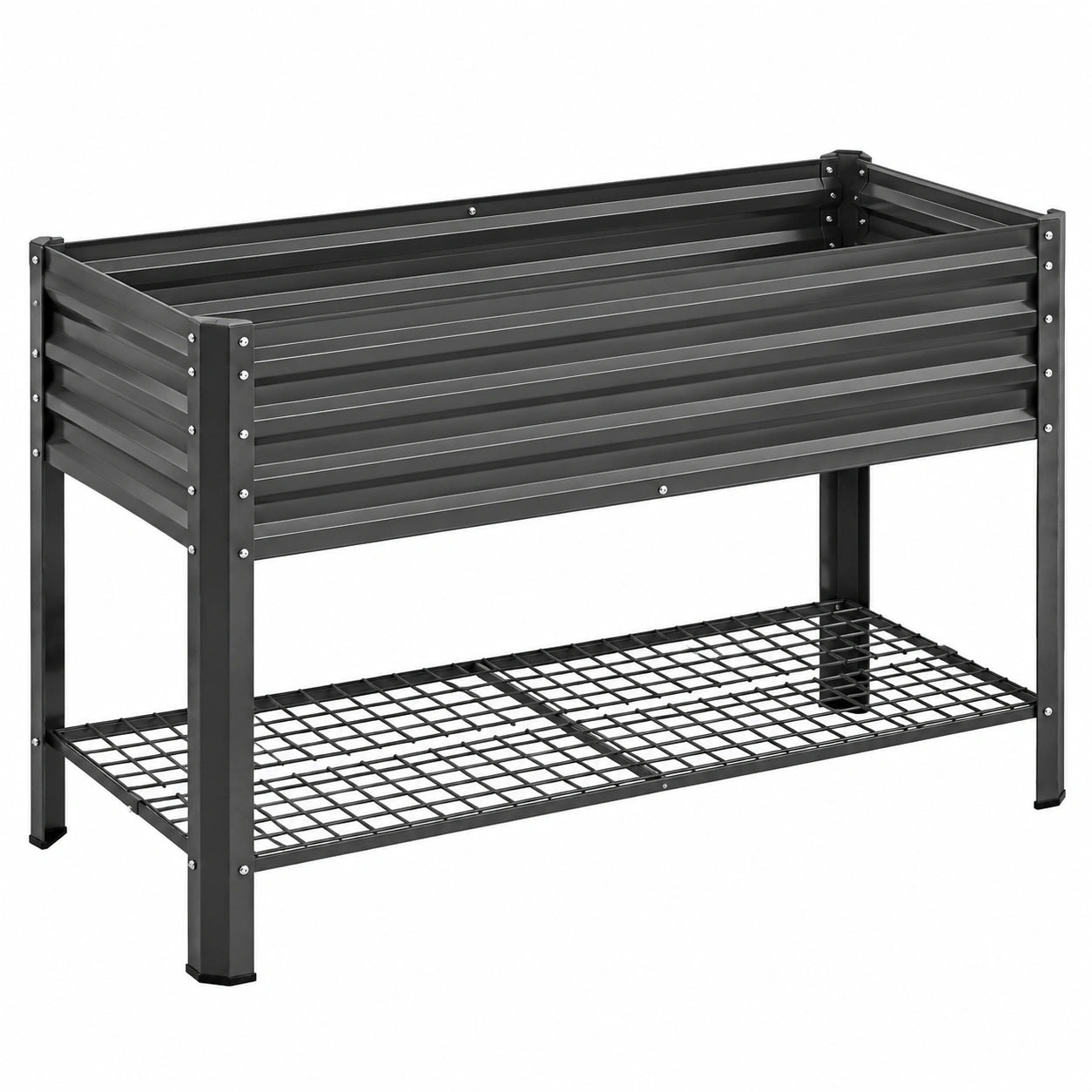 Hochbeet 120 x 60 x 90 cm aus Metall Schwarz mit Ablagegitter für Garten und Balkon