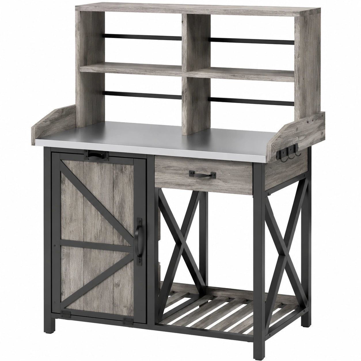 Gartenarbeitstisch 120 x 60 x 160 cm Holzwerkstoff Grau Schwarz mit Metallablagen im Landhausstil