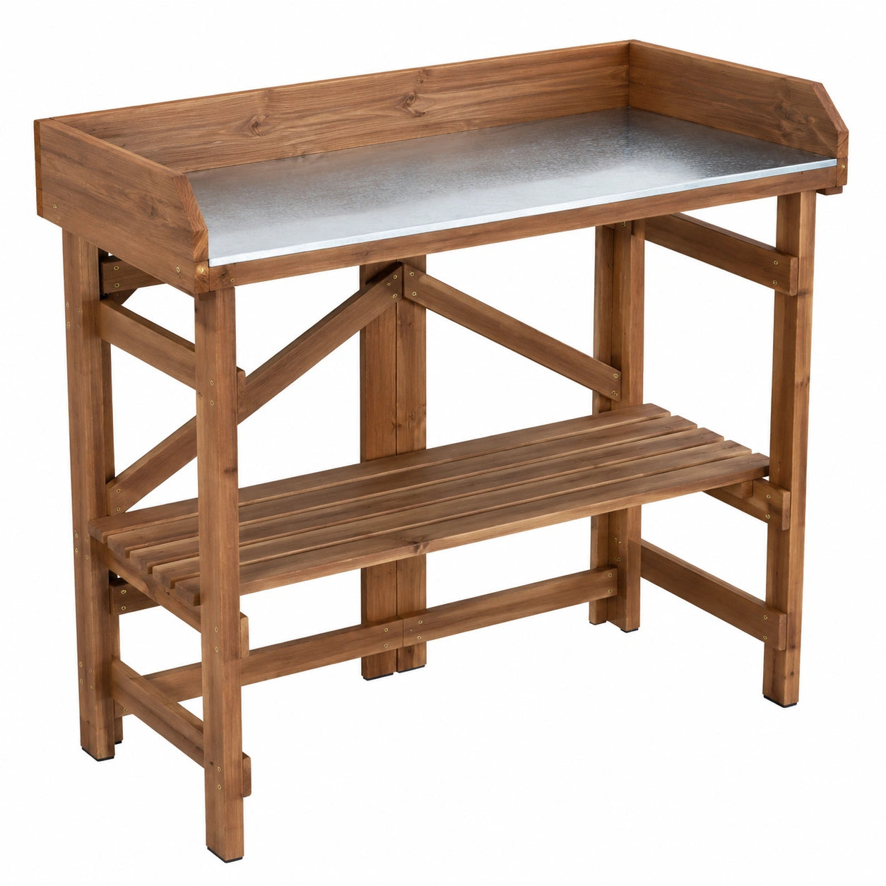 Gartenarbeitstisch 117 x 45 x 122 cm aus Holz Braun mit verzinkter Arbeitsfläche und Ablage